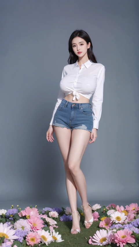  Girl's Full Body Photo, Winter, Realism, 8K, Sexy Short Jeans, White Shirt Long Sleeve, Detail Face, Pretty Face, Master of Light, Huge Flowers, Long Bare Legs, High Heels, Light, Blue Theme, World of Flowers, Big Breasts,shorts