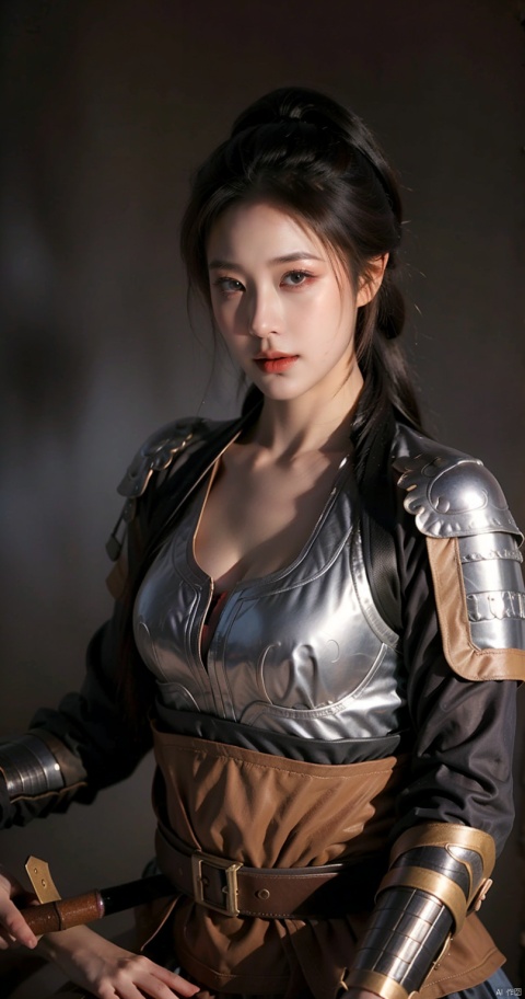  SGZ2, solo, 1girl,1girls,male focus,cowgirl,black armour,long hair, brown eyes, ponytail, serious face,horseback riding,Holding a long sword, looking to viewer,bangs,hero's armour, 