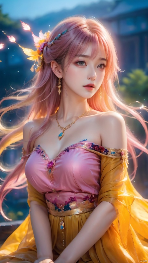 1girl,Bangs, off shoulder, colorful_hair, ((colorful hair)),golden dress, yellow eyes, chest, necklace, pink dress, earrings, floating hair, jewelry, sleeveless, very long hair,Looking at the observer, parted lips, pierced,energy,electricity,magic,tifa,sssr,blonde hair,jujingyi, wangyushan, dofas, forehead mark