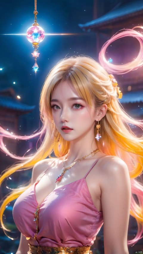 1girl,Bangs,colorful_hair, ((colorful hair)),golden dress, yellow eyes, chest, necklace, pink dress, earrings, floating hair, jewelry, sleeveless, very long hair,Looking at the observer, parted lips, pierced,energy,electricity,magic,tifa,sssr,blonde hair,jujingyi, wangyushan, dofas, forehead mark