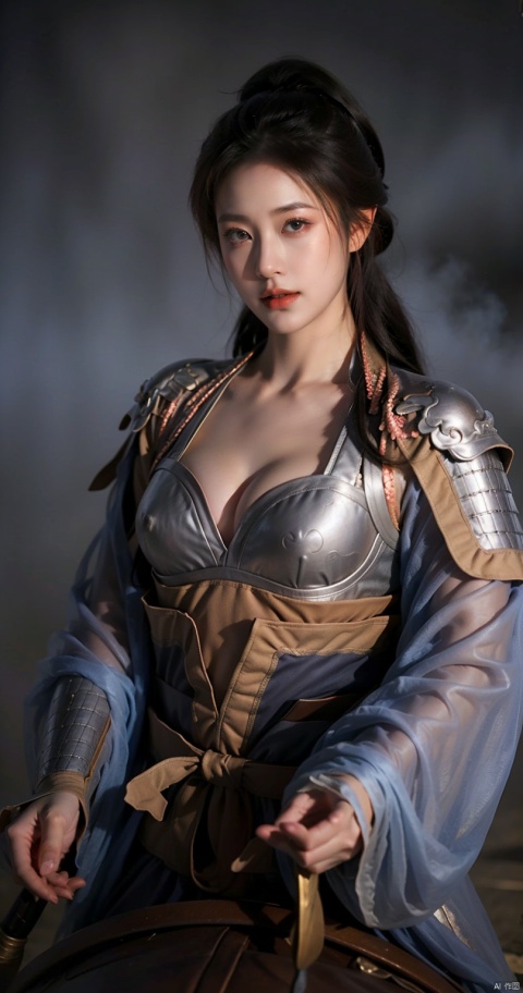  SGZ2, solo, 1girl,1girls,male focus,cowgirl,black armour,long hair, brown eyes, ponytail, serious face,horseback riding,Holding a long sword, looking to viewer,bangs,hero's armour