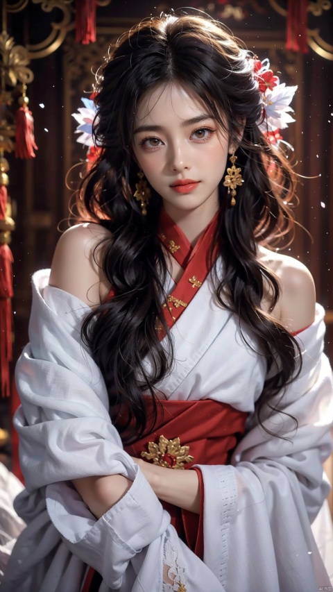  18K ultra-hd, DSLR, high quality, high resolution, 8K,1girl, neo-chinese style,hanfu, in front of divine light with silhouette light illuminating the edges of the long curly hair, snowflake, solid color red background, Excellent skin texture, gaze deeply, cheerful atmosphere, in the style of eye-catching resin jewelry, matte photo, minimalist beauty, meticulous linework precision,