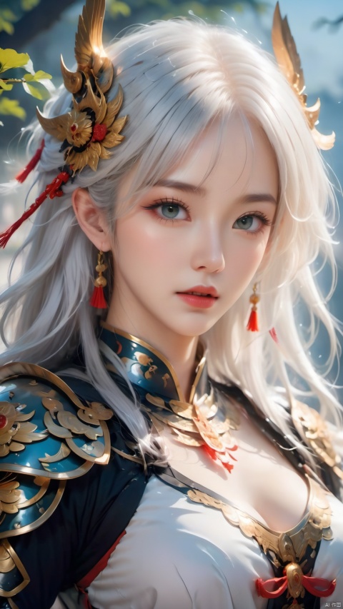 A beautiful woman, armor, white hair, Chinese elements, A mask with eyes exposed,32K ultra high definition, mask,best quality, masterpiece,