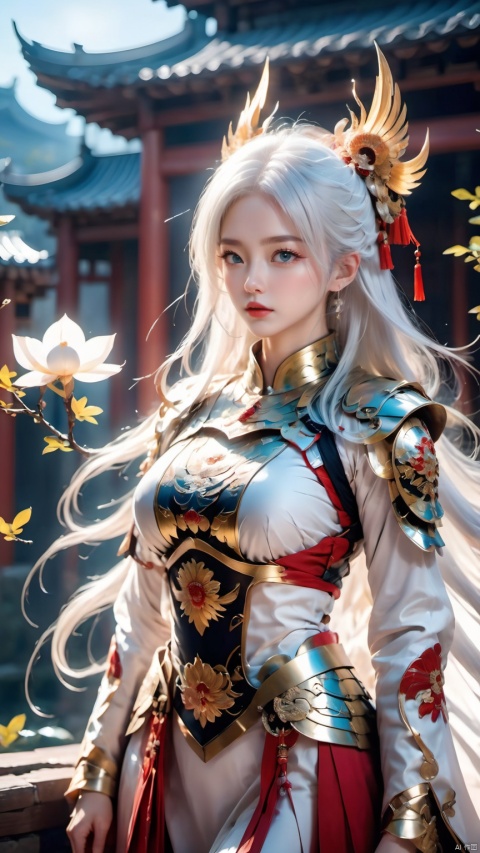 A beautiful woman, armor, white hair, Chinese elements, A mask with eyes exposed,32K ultra high definition, mask,best quality, masterpiece,