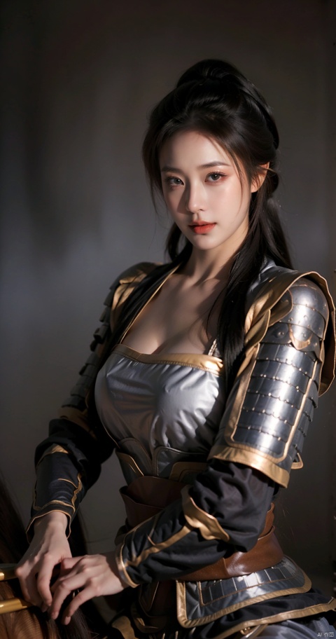  SGZ2, solo, 1girl,1girls,male focus,cowgirl,black armour,long hair, brown eyes, ponytail, serious face,horseback riding,Holding a long sword, looking to viewer,bangs,hero's armour, 