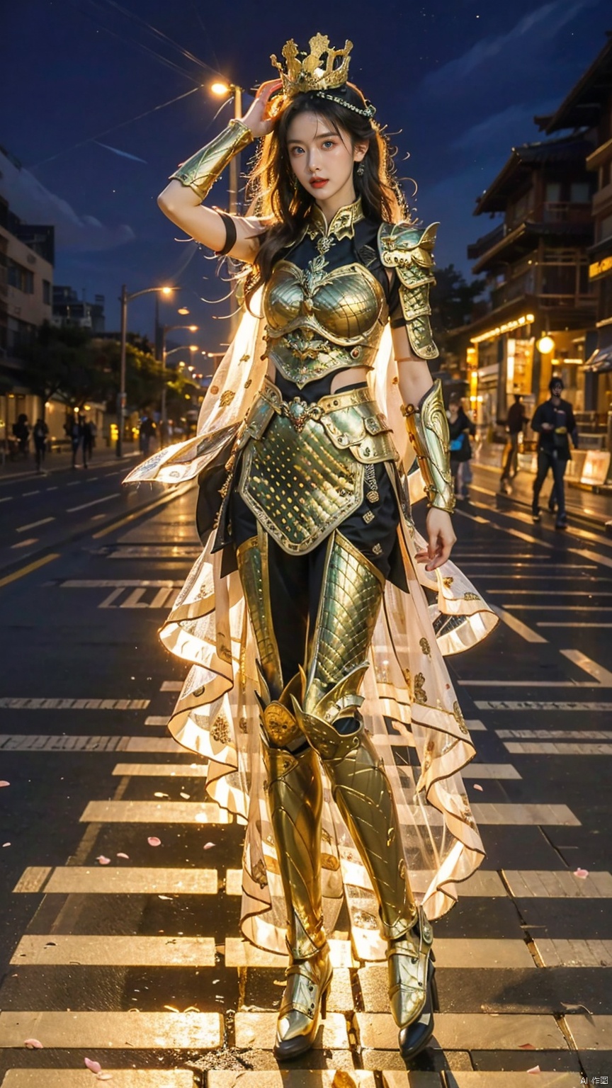  1 Girl, Blue Eyes, Long Hair, Armor, Chinese Armor, Shawl, Athletic Pose, Night, Outdoors, Street, Cyber Digital Lighting, Neon Lights, Cyber Colors, Cherry Blossoms, Petals, Reflective Ground, Splash, Splash, Ripple., xxhanfu halo cyber phoenix crown, HEZI,((gold armor:1.2)),