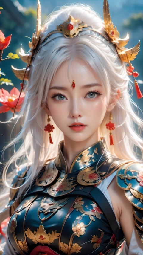 A beautiful woman, armor, white hair, Chinese elements, A mask with eyes exposed,32K ultra high definition, mask,best quality, masterpiece,