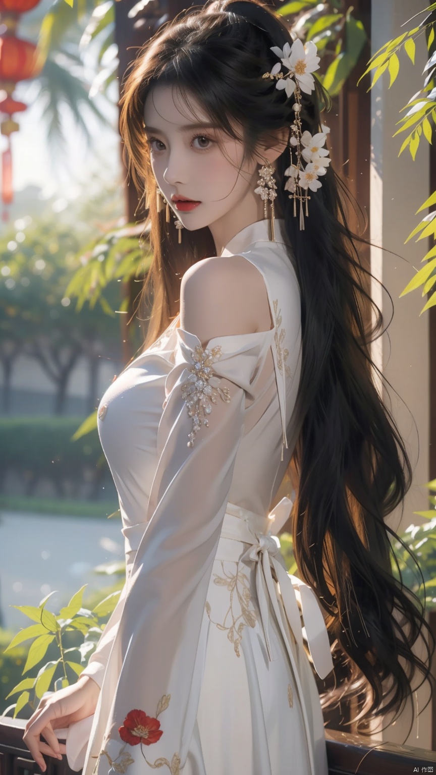  1girl, solo, long hair, breasts, looking at viewer, bangs, brown hair, black hair, hair ornament, long sleeves, dress, holding, bare shoulders, jewelry, closed mouth, ponytail, flower, earrings, detached sleeves, hair flower, white dress, from side, facial mark, chinese clothes, tassel, branch