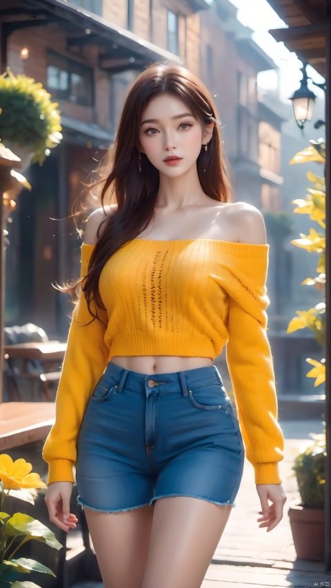  (best qualtiy,8K,tmasterpiece:1.3),(sharp focus:1.2),(one-girl:1.2),(perfect body figure:1.4),(Slim abs:1.1),(Off-the-shoulder knitwear:1.4),exteriors,rays of sunshine,Fine face,beautidful eyes,Straight legs