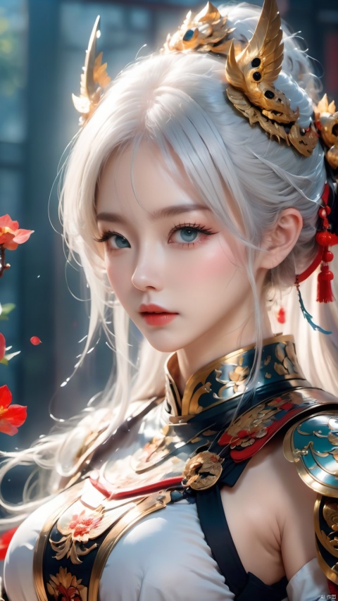 A beautiful woman, armor, white hair, Chinese elements, A mask with eyes exposed,32K ultra high definition, mask,best quality, masterpiece,