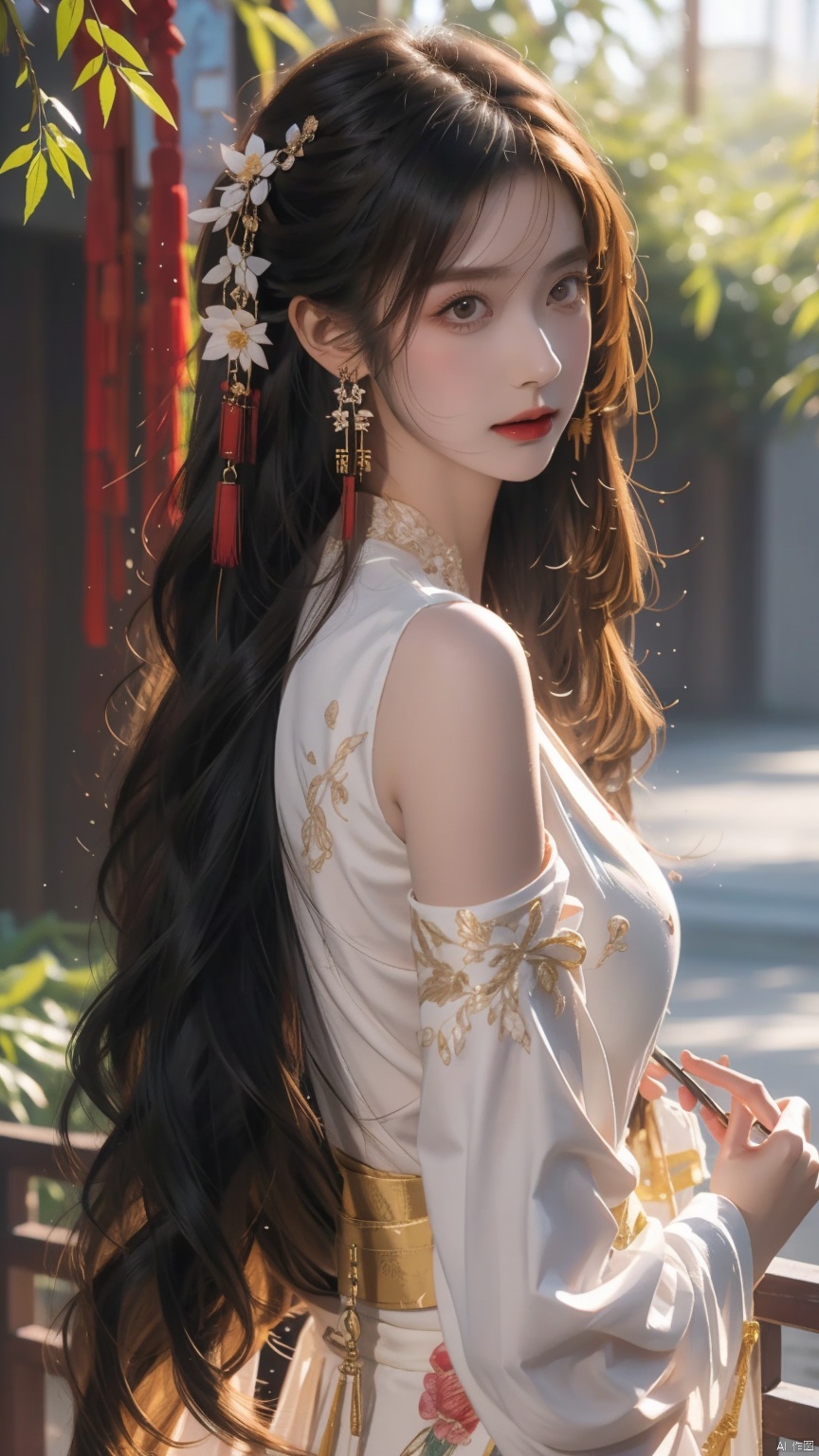  1girl, solo, long hair, breasts, looking at viewer, bangs, brown hair, black hair, hair ornament, long sleeves, dress, holding,  jewelry, closed mouth, ponytail, flower, earrings, detached sleeves, hair flower, white dress, facial mark, chinese clothes, tassel, branch
