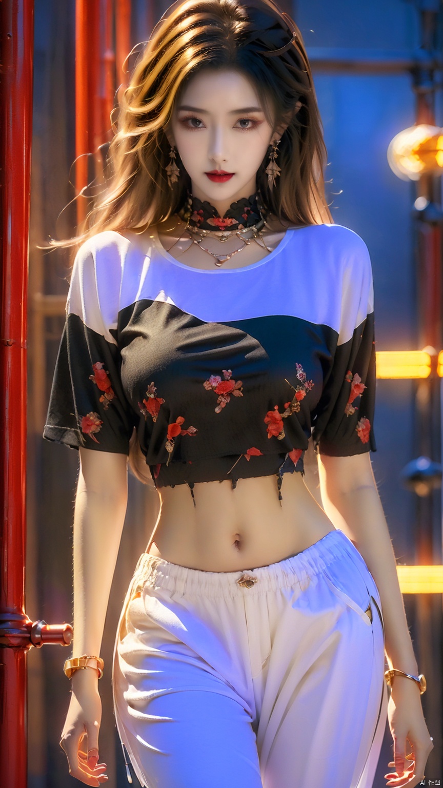  1girl, ((big breasts:1.2)),solo, long hair, shirt, black hair, navel, jewelry, white shirt, short sleeves, cowboy shot, earrings, midriff, pants, hair over one eye, arms up, bracelet, lips, tattoo, piercing, ring, denim, jeans, red lips, navel piercing,