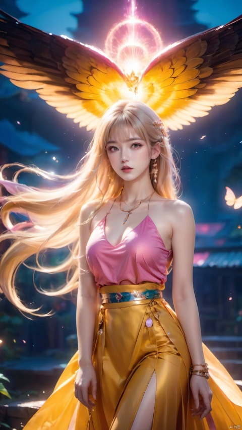 1girl,Bangs,colorful_hair, ((colorful hair)),golden dress, yellow eyes, chest, necklace, pink dress, earrings, floating hair, jewelry, sleeveless, very long hair,Looking at the observer, parted lips, pierced,energy,electricity,magic,tifa,sssr,blonde hair,jujingyi, wangyushan, dofas, forehead mark