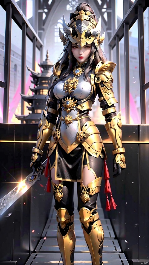  Her armor design is full of classical Chinese elements. The main part of the armor is dark purple, symbolizing the royal honor and majesty. The armor is inlaid with the delicate golden pattern of the dragon, an ancient Chinese divine animal representing strength and wisdom. At the same time, the armor edges and decorative parts are used bright silver, making the overall shape more gorgeous.
On the shoulders and chest of the armor, she is equipped with high-tech armor devices. These devices are made of transparent nanomaterials and embedded with complex electronic circuits and microcomputers. These devices can not only provide additional protection, but also analyze combat data in real time to provide tactical advice to female military commanders.
Her weapons also blend classical and technological elements. She carries a long sword with a fine moire, representing the vastness and freedom of the sky. The hilt is a modern design with a built-in intelligent sensing system that adjusts the weight and balance of the sword according to the female warrior's fighting state.
In addition, her head equipment is also quite distinctive. She wore a helmet modified from an ancient phoenix crown, inset with flashing LED lights, which added visual impact and symbolized the perfect combination of technology and tradition.
1 gril,masterpiece,full body,standing,
render,technology,4K,Official art, unit 8 k wallpaper, ultra detailed, beautiful and aesthetic, masterpiece, best quality, extremely detailed, science fiction,CG,