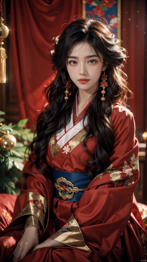  18K ultra-hd, DSLR, high quality, high resolution, 8K,1girl, neo-chinese style,hanfu, in front of divine light with silhouette light illuminating the edges of the long curly hair, snowflake, solid color red background, Excellent skin texture, gaze deeply, cheerful atmosphere, in the style of eye-catching resin jewelry, matte photo, minimalist beauty, meticulous linework precision,