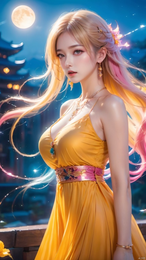 1girl,Bangs,colorful_hair, ((colorful hair)),golden dress, yellow eyes, chest, necklace, pink dress, earrings, floating hair, jewelry, sleeveless, very long hair,Looking at the observer, parted lips, pierced,energy,electricity,magic,tifa,sssr,blonde hair,jujingyi, wangyushan, dofas, forehead mark