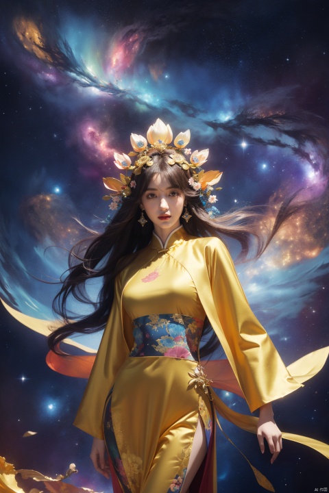  fantasy, flowing gold robes, (Colorful, colorful hair), long hair, fantasy art style,Inscattering_Chinese style, lotus leaf, 1girl, 1 girl, Nebula