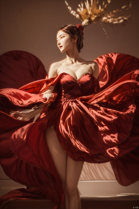  red chianese dress,illustration,,Cleavage,gufeng, paopaoma,looking at viewer,(Thighs),hair ornament, art painting, painting, sky, Dance