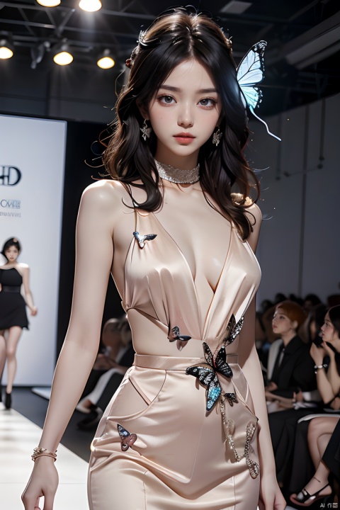  Best quality, masterpiece, photorealistic, 32K uhd, official Art,
1girl,  solo, Black hair,butterfly
, catwalk, ,model