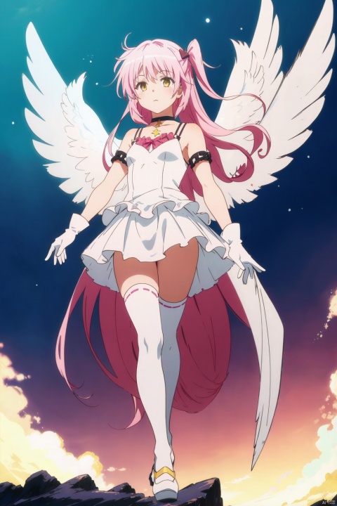  1girl, solo, kaname madoka, wings, pink hair, ultimate madoka, long hair, dress, gloves, thighhighs, yellow eyes, white dress, white gloves, star \(sky\), two side up, white footwear, winged footwear, high heels, white thighhighs, sky, starry sky, very long hair, breasts, looking at viewer, small breasts, frills, bow, choker, closed mouth, frilled dress, feathered wings, soul gem, ribbon, hair bow, full body, giantess, Liuli,Fairy