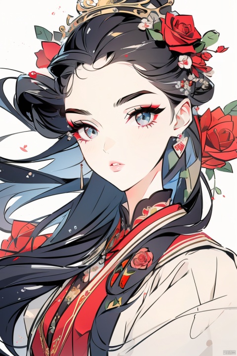Best quality,masterpiece,1 girl,beautiful face,eyebrows,through hair,roses,clothes, vector illustration, jijianchahua
