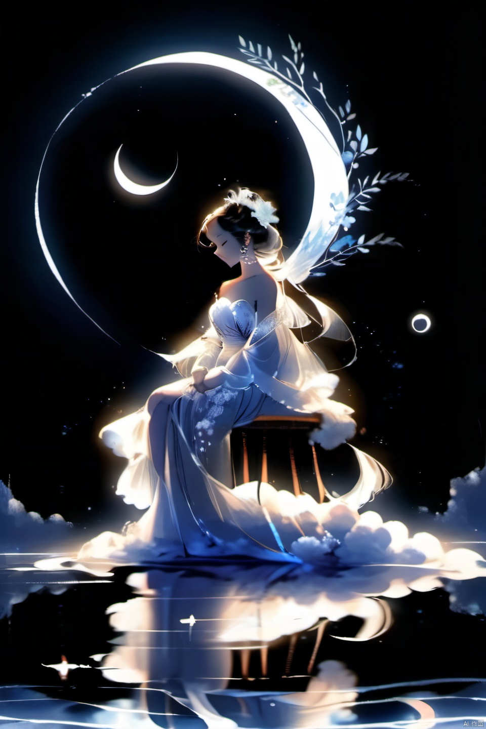  linewatercolor,qingqududou, 1girl, strapless,panties,underboob,bare shoulders,navel,moon, solo, long hair, black hair, full moon, hair ornament, flower, sitting, hair bun, hair flower,long sleeves, black background, see-through, night, sash, branch, single hair bun, sky, wide sleeves, water, cloud, hand on own chest, reflection, night sky, moonlight, collarbone, shawl,