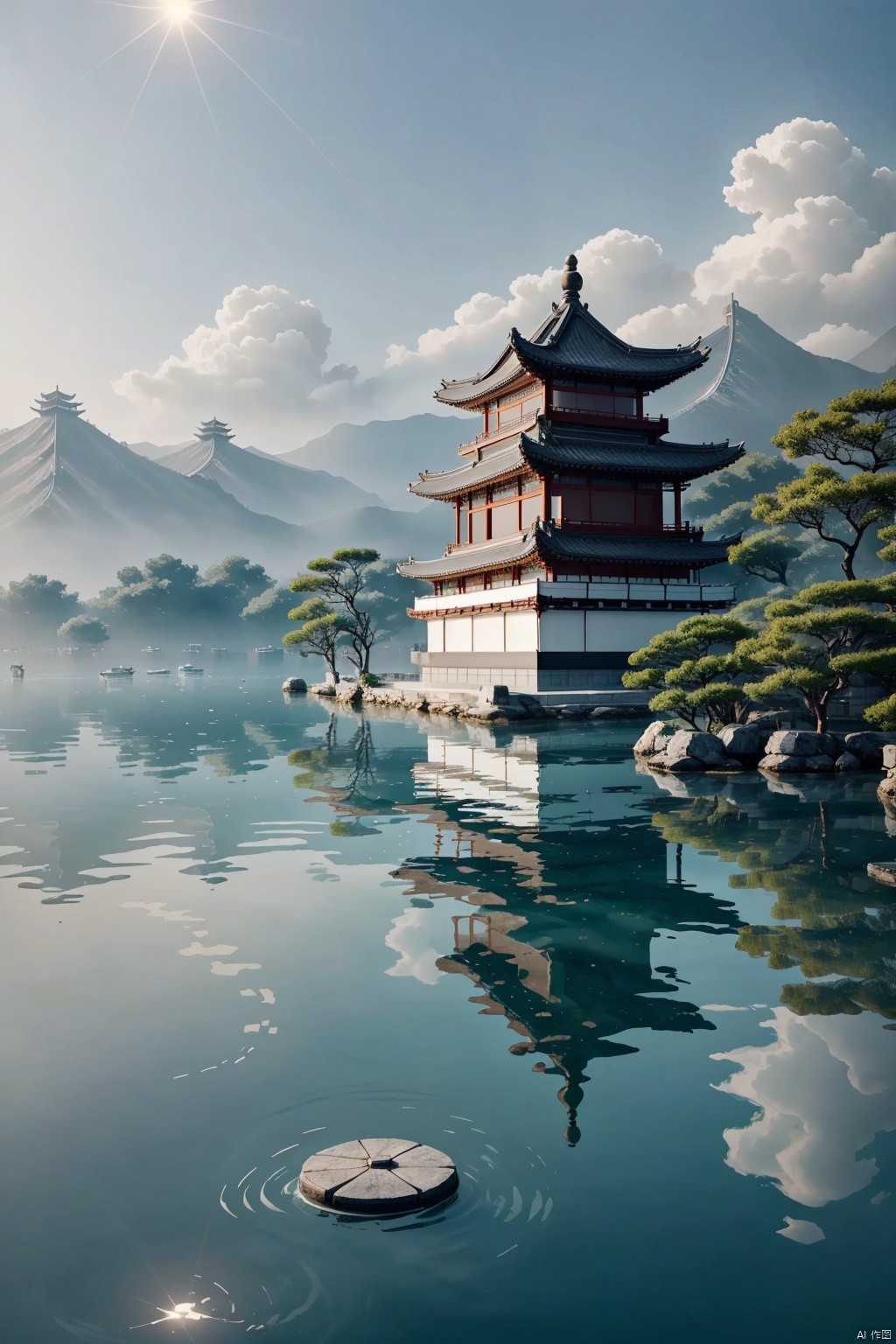  Ultra-high definition, artistic sense, minimalist posters, sea of clouds, Hui-style architecture on the ground, Yangzhou thin West Lake hides an underwater Chinese garden, artistic conception, simple and simple, ancient rhyme leftblank
美丽的场景、花裙子、蓝色海水、海平面、（衣服上有许多花：1.3）、前光、环境光、光线、