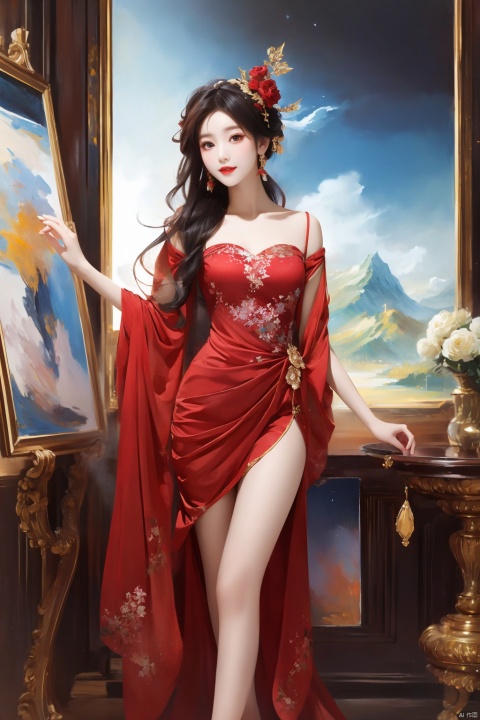  red chianese dress,illustration,,paopaoma,looking at viewer,(Thighs),hair ornament, art painting, painting, sky 