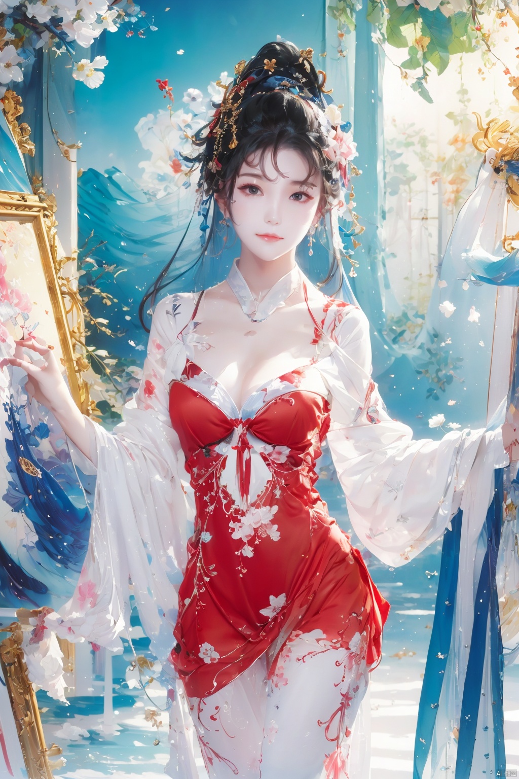  red chianese dress,illustration,,Cleavage,gufeng, paopaoma,looking at viewer,(Thighs),hair ornament, art painting, painting