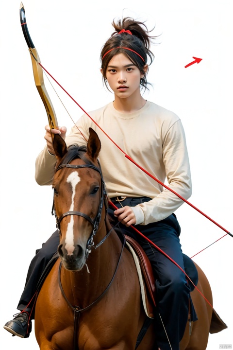  solo, long hair, long sleeves, 1boy, white background, holding, ponytail, weapon, male focus, holding weapon, headband, outstretched arm, bow \(weapon\), arrow \(projectile\), riding, layered sleeves, short over long sleeves, horse, holding bow \(weapon\), quiver, aiming, holding arrow, horseback riding, drawing bow, archery