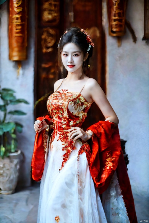  1girl, solo, long hair,looking at viewer, smile, bangs, blue eyes, hair ornament, dress,bare shoulders, jewelry, medium breasts, very long hair, closed mouth, standing,grey hair, sleeveless, elbow gloves, hair flower,bracelet,sleeveless dress, chinese clothes, red dress, china dress, pelvic curtain, side slit, nai3, HUBG_Rococo_Style(loanword), hair