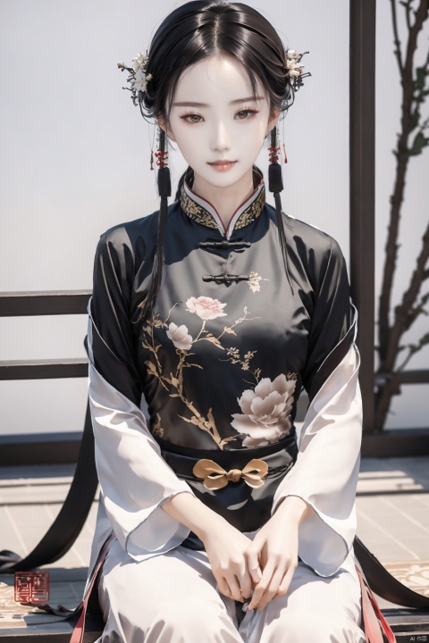  1girl, solo, black hair, sitting, chinese clothes, girl, chinese text（蝶恋花）, hanfu, light