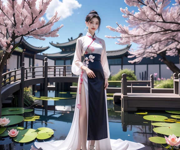  1girl, solo, long hair, brown hair, black hair, hair ornament, long sleeves, dress, jewelry, standing, full body, flower, earrings, outdoors, sky, cloud, hair flower, water, hair bun, see-through, sash, chinese clothes, pink flower, wading, lily pad, lotus, hanfu, pond, painting, photo, art shuicai, art painting,illustration, catwalk, light