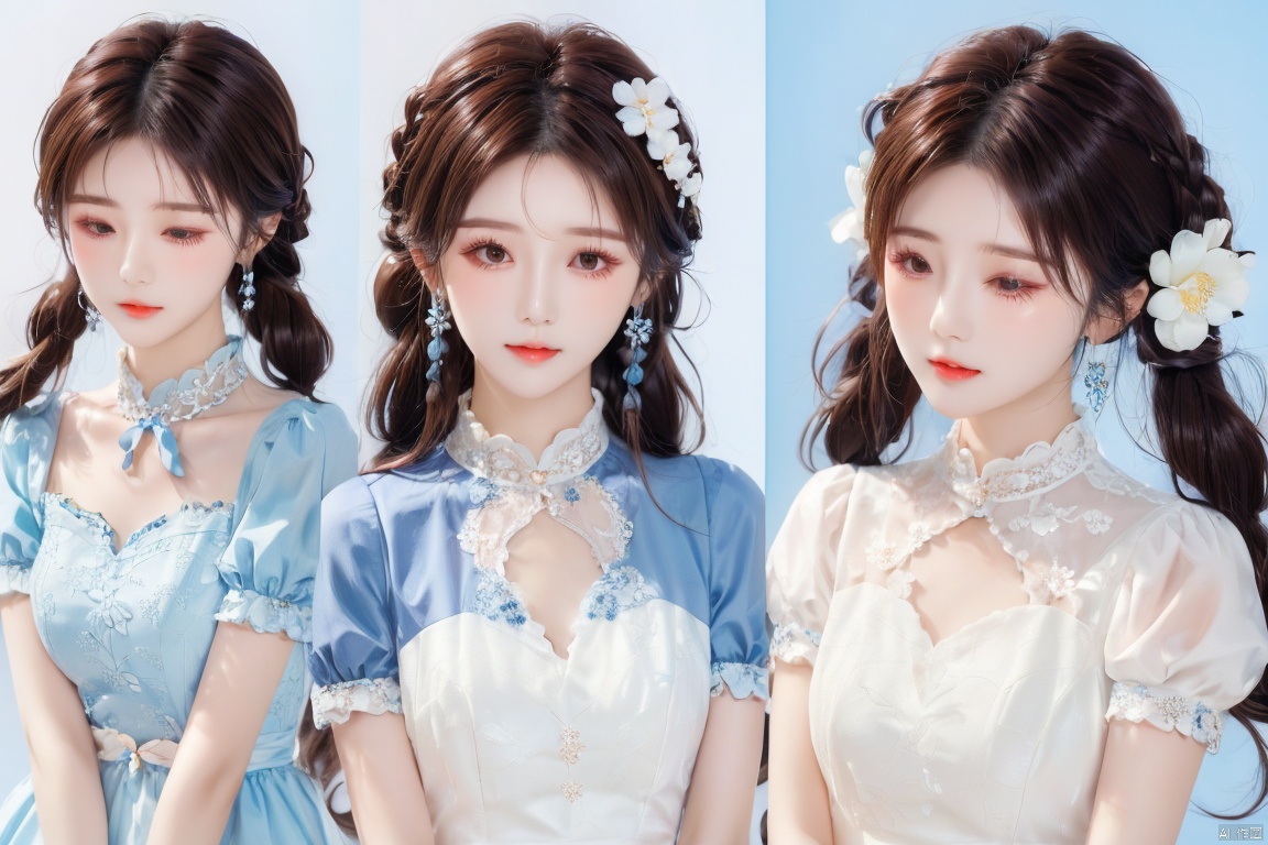  1girl, long hair, looking at viewer, blush, open mouth, brown hair, black hair, hair ornament, white background, dress, twintails, closed eyes, braid, flower, short sleeves, heart, puffy sleeves, hair flower, black eyes, twin braids, puffy short sleeves, multiple views, blue dress, expressions
