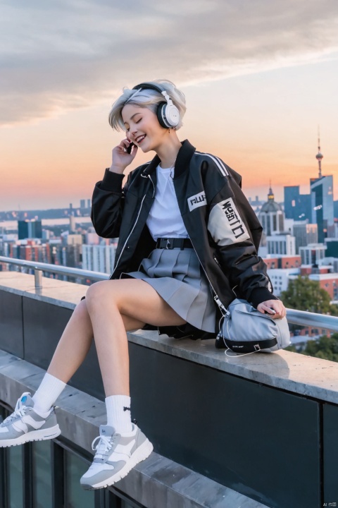 1girl, smile, short hair, open mouth, skirt, black hair, long sleeves, 1boy, jacket, closed eyes, white hair, outdoors, sky, shoes, socks, belt, pants, cloud, headphones, sneakers, sunset, pouch, city, cityscape, falling, belt pouch, midair, pillarboxed, xunisheying