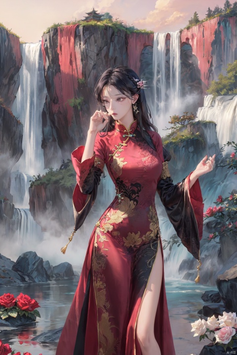  1 girl (Eyes\(dark amber, crystal clear, long eyelashes\), nose\(raised, nose tip slightly upturned), lips (Rose color, lip line clear), hairstyle Black hair, smooth and shiny, hair accessories, slightly wavy hair tips, cloth （Chinese dress,Wide sleeved,long sleeved,sleeves extending outside fingers））,(Standing on the hill, hands hanging at sides): 1.5,Background\(Waterfall): 1.5, Sky, Stone Bridge\) Ultra fine, extremely delicate and beautiful (by fine color blocks), Masterpiece, Best quality, Unreal Engine 5 rendering, Cinemight, Cinematography Lens, Cinematography Effects, Detailed details, sdmai