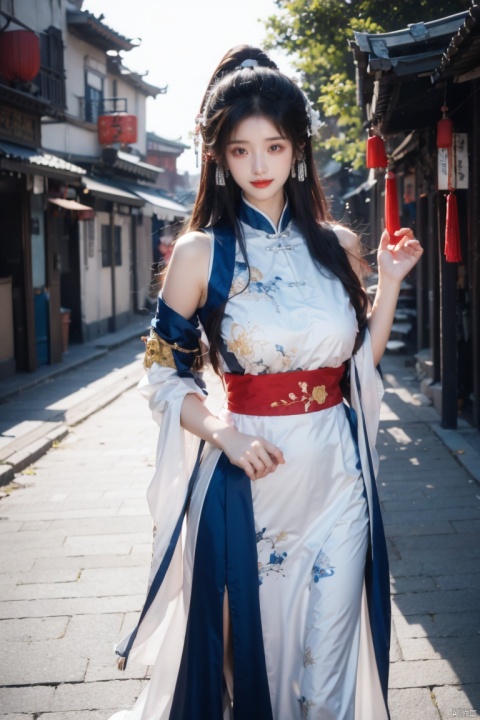  best quality, masterpiece, ultra high res,1girl, gigantic_breasts, looking at viewer,(see-through dress),bare shoulders,dress,qi pao,ancient Chinese street ,Chinese dress,, yosshi film, standing, one girls, chinese_clothes, Chinese costume, street, smiling, holding_wood_box , ganyu (genshin impact), 1girl, photography