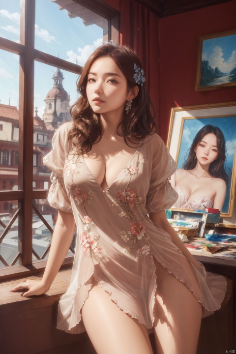  red chianese dress,illustration,,Cleavage,gufeng, paopaoma,looking at viewer,(Thighs),hair ornament, art painting, painting, sky
