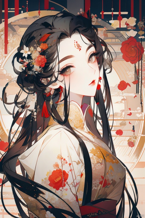 Best quality,masterpiece,1 girl,beautiful face,eyebrows,through hair,roses,clothes, vector illustration, jijianchahua, Chinese style