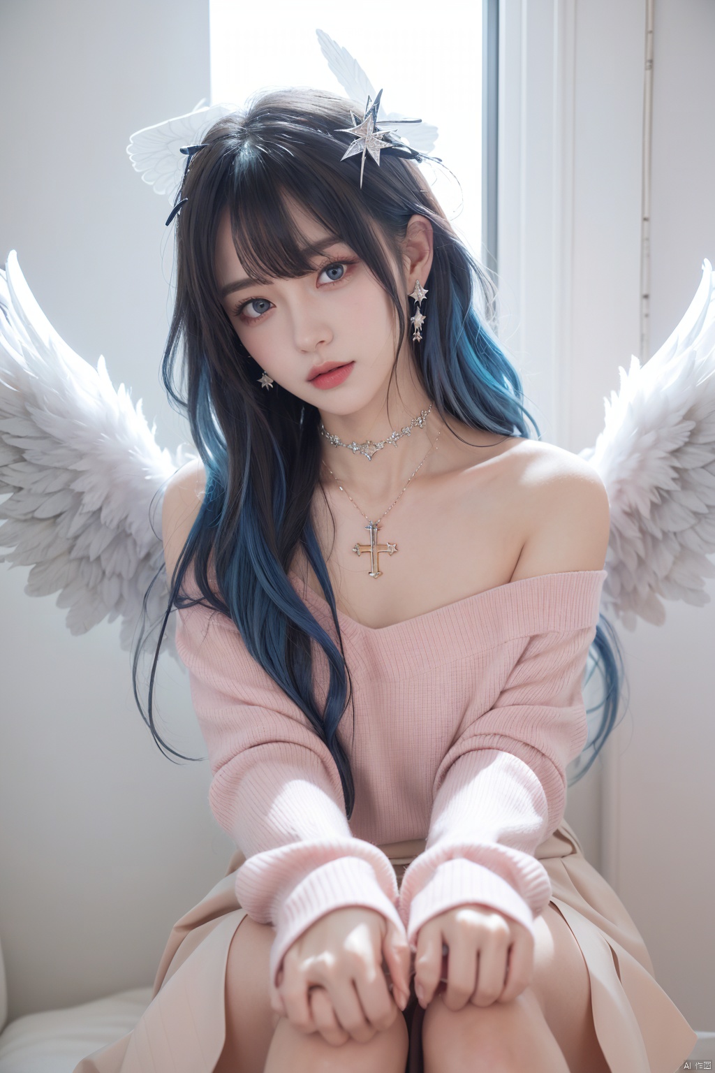  1girl, dance, Fairy, crystal, jewels,black, wings,Holy Light,As white as rosy clouds, 
1girl, solo, long hair, looking at viewer, blush, bangs, blue eyes, hair ornament, long sleeves, hair between eyes, jewelry, sitting, very long hair, closed mouth, blue hair, earrings, wings, choker, virtual youtuber, necklace, star \(symbol\), sweater, sleeves past wrists, black choker, halo, cross, feathered wings, puffy long sleeves, angel wings, star hair ornament, white wings, angel, star earrings, cross necklace, latin cross, star necklace,pink hair,pleated skirt,bow, ribbon,