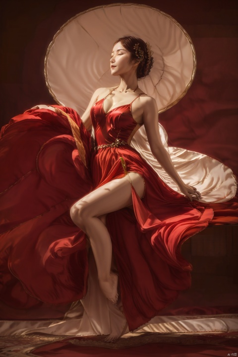  red chianese dress,illustration,,Cleavage,gufeng, paopaoma,looking at viewer,(Thighs),hair ornament, art painting, painting, sky, Dance