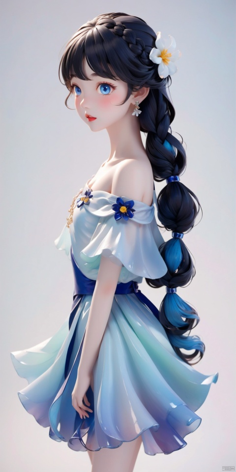  1girl, solo, long hair, bangs, blue eyes, black hair, hair ornament, dress, bare shoulders, jewelry, closed mouth, standing, braid, flower, earrings, artist name, hair flower, off shoulder, white dress, fur trim, profile, blue background, painting \(object\), 3D, three views