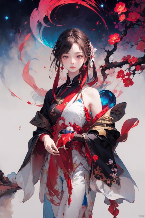 Best quality, masterpiece, photorealistic, 32K uhd, official Art,
1girl, dofas, solo, dofas, , mugglelight, puregirl, illustration, master work, high definition, ultra clear。red and white gradient, Nebula background, Arien view, photography, jijianchahua,flower shadow