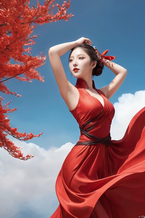  red chianese dress,illustration,,Cleavage,gufeng, sky, Dance, 3d