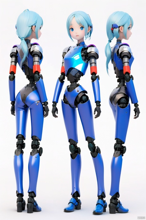  1girl, solo, looking at viewer, short hair, bangs, blue eyes, closed mouth, white hair, glowing, expressionless, robot, science fiction, android, mecha musume, joints, straight-on, robot joints, mechanical parts, spine, hologram, 3D, three views,moyou, 3d, Kehuan,rotbot