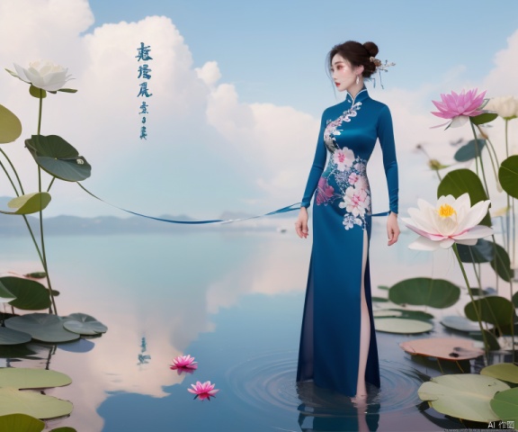  1girl, solo, long hair, brown hair, black hair, hair ornament, long sleeves, dress, jewelry, standing, full body, flower, earrings, outdoors, sky, cloud, hair flower, water, hair bun, see-through, sash, chinese clothes, pink flower, wading, lily pad, lotus, hanfu, pond, painting, photo, art shuicai, art painting