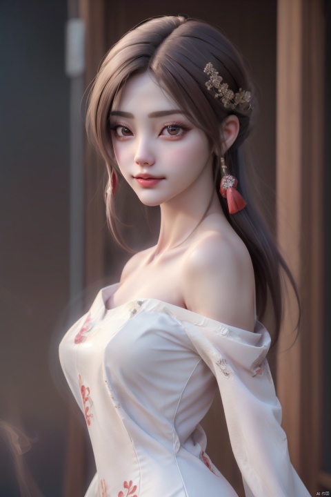  ziruyuxia, 1girl, solo, chinese text, oil-paper umbrella, hair ornament, chinese clothes, realistic, brown hair, holding umbrella, makeup, looking at viewer,Off Shoulder,(((cinematic lighting, motion blur, motion lines))), (volume fog), solo,(moody lighting), Liuli