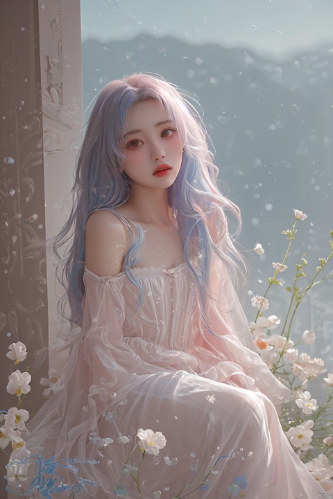  best quality, masterpiece, illustration, (reflection light), incredibly absurdres, (Movie Poster), (signature:1.3), (English text:1.3), 1girl, girl middle of flower, pure skyblue hair, red eyes, clear sky, outside, collarbone, loli, sitting, absurdly long hair, clear boundaries of the cloth, white dress, fantastic scenery, ground of flowers, thousand of flowers, colorful flowers, flowers around her, various flowers, shining