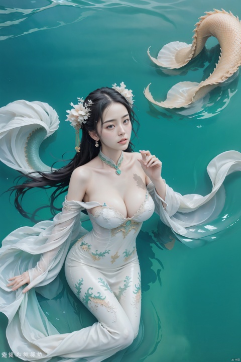  arien_hanfu, mermaid,east dragon,pure white theme,deep in the water,sea,under sea,30 yo lady,large_breasts, guohua, HUBG_Chinese_Jade, MAJICMIX STYLE