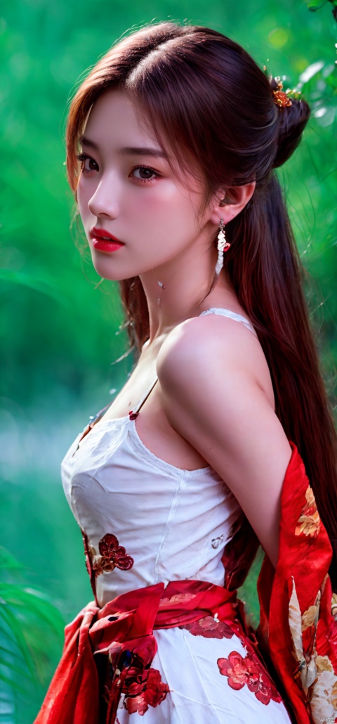  1girl, face focus, asian,sole_female,standing,
((upper_body:0.7)),full breasts, (medium breasts:1.2),long hair,eyes,Colored pupil,earrings,jewelry,earrings,jewelry, (perfect face), shiny skin, 
forest,water, wet, 
masterpiece, best quality,depth of field, cinematic composition, best lighting,light master,RAW photo, dslr, film grain, Fujifilm XT3, night shot, light master,Hosino, Face Score,daxiushan,daxiushan style,hanfu,